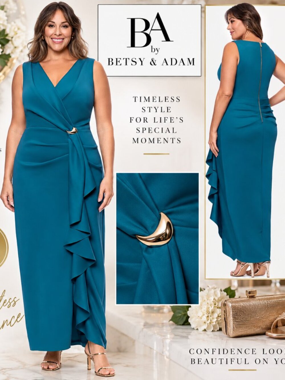 Betsy & Adam Plus Teal Draped Ruffle Formal Gown 14W NWT